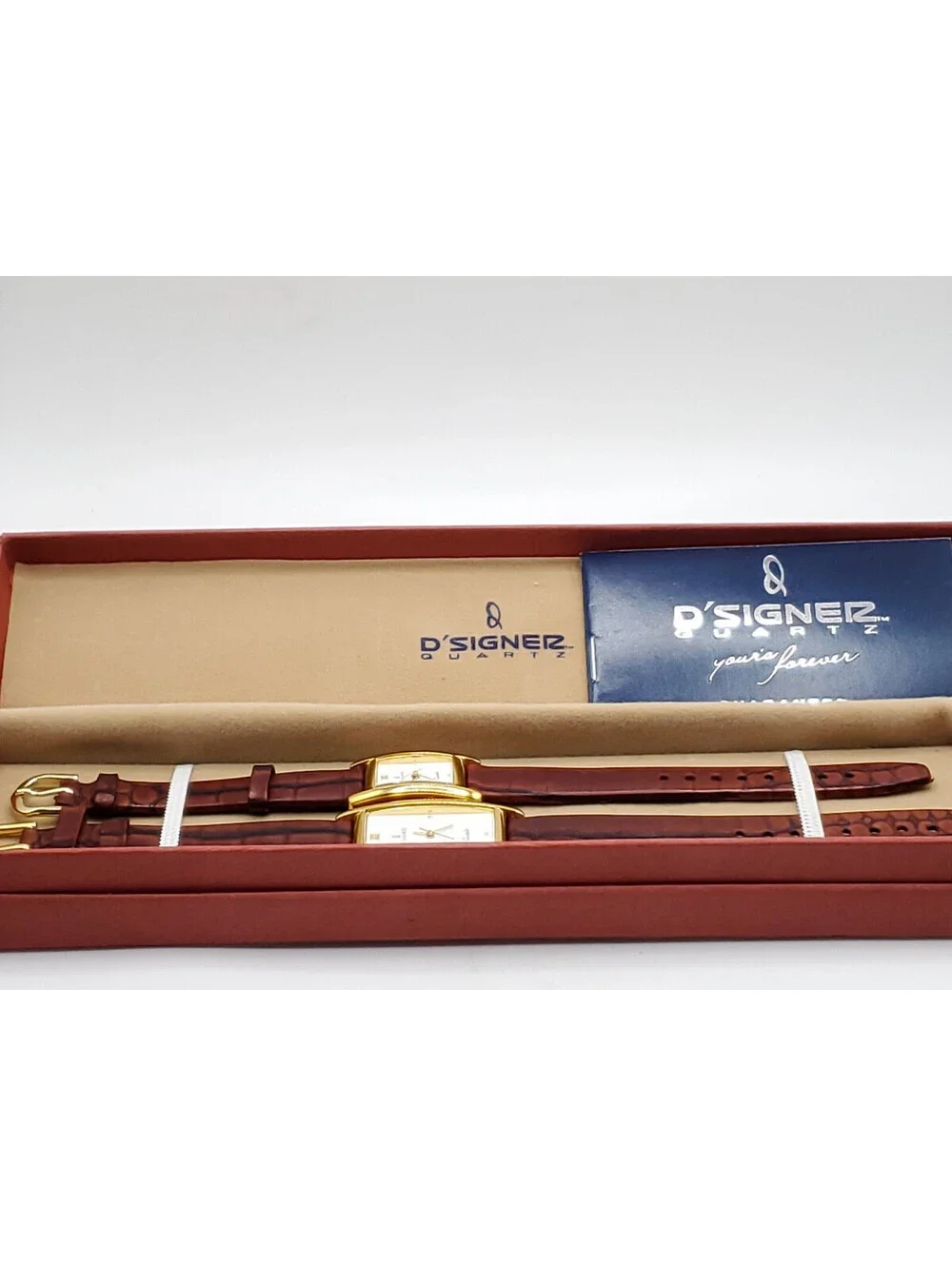 Man & Woman D'SIGNER Quartz Brown Band Watch Set New Batteries Gold Tone